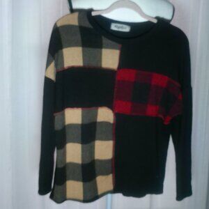 HAPTICS  Long Sleeve Scoop Neck Black w/Mixed Plaid Front Lightweight Sweater M